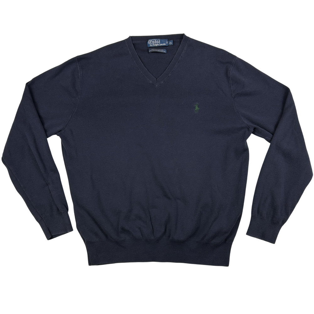 Polo Ralph Lauren Sweater Mens XL V-Neck Navy Blue Pima Cotton Knit Pullover